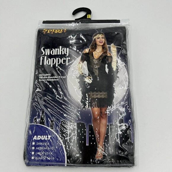 Swanky Flapper Black Gold Spirit Halloween Costume & Headpiece Sz M (6-10) - Picture 1 of 4